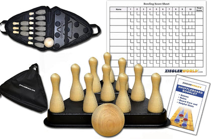 Table Shuffleboard Bowling Brown Pins - Pinsetter - Rules Booklet - Score Chart - Carrier Bag & Wood Ball