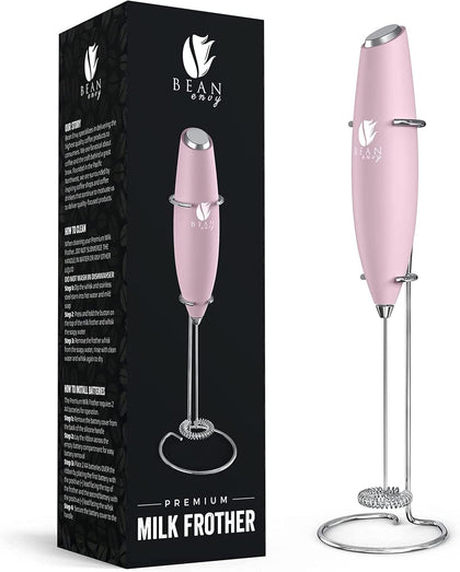 Milk Frother Handheld - Coffee Mixer Wand with Stand - Pink | Battery Operated, Stainless Steel Whisk, 19000 RPM