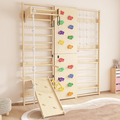 9-in-1 Swedish Ladder Wall Gym & Climber, 94.5'' Wooden Wall-Mounted Climbing Set with Double-Sided Slide, Swing