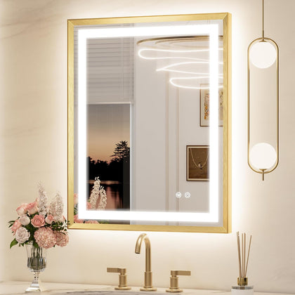 24x30 Inch Gold LED Bathroom Mirror with Light, Frontlit & Backlit | Beveled Edge, Lighted Bathroom Mirror, HD