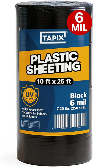 Plastic Sheeting (10' x 25') Long, 6 Mil (Black) - UV Protection Poly Sheeting Polyethylene Film, Heavy Duty