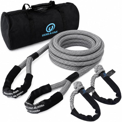 1" x 30' Kinetic Rope & 2PCS Synthetic Soft Shackles Kit Gray
