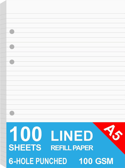 A5 Lined Paper, Refills for Filofax Planner, Organizer, Binders, 6 Hole Punched, 100 Sheets/200 Pages, 100gsm, White