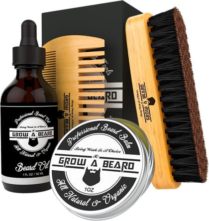 Beard Brush, Beard Comb, Beard Oil, & Beard Balm Grooming Kit for Men's Care, Travel Facial Hair Set for Growth