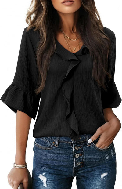 Womens Blouses Dressy Casual 3/4 Sleeve Ruffle Bell Top Ladies Business Formal Work Shirt Spring Trendy 2026