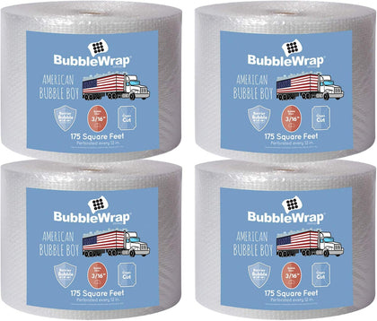 4 large rolls of Bubble Wrap total 700 feet, small bubbles 3/16 cushioning, 700 ft, heavy duty, perforated Every 12"