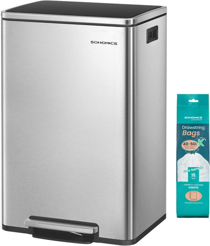 Trash Can, 13-Gallon Gabbage Can, with 15 Trash Bags, Stainless Steel, with Soft-Close Lid, Removable Inner Bucket