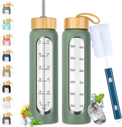 32 oz Glass Water Bottle with Straw - Motivational Time Marker & Silicone Sleeve - Reusable Tumbler Includes 2 Bamboo