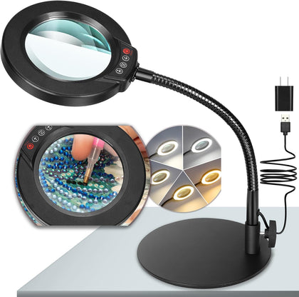 10X Magnifying Glass with Light and Stand, 5 Color Modes Stepless Dimmable LED Lighted Desk Lamp, Hands Free