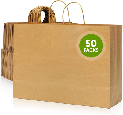 Kraft Paper Bags with Handles, 50 Pack Large Brown Heavy Duty Bags | 16x6x12 Inches, Bulk Shopping and Retail Bags