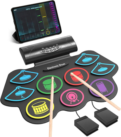 9 Pad Electronic Drum Set, Roll Up Portable Drum Pad Kit with MIDI Bluetooth, Built-in Speaker, Supports