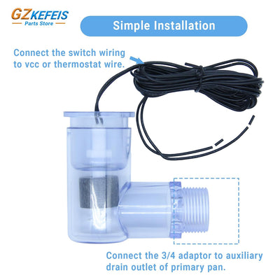 SS2 Float Switch L Shape, Compatible with Safe-T-Switch for HVAC Drain Pan Condensate Outlet, AC Water Level Switch with 3/4 Inch Adapter and 6Ft Wire (1, Transparent Blue)