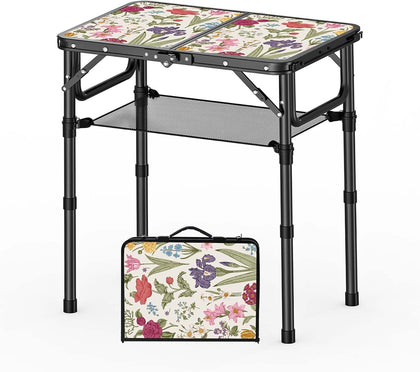 Small Camping Table, Vintage French Flowers Pattern Folding Table, Adjustable Height, Lightweight & Portable Outdoor