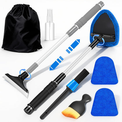 Windshield Cleaner Tool, Car Interior Cleaning Kit with Extendable Handle and 3 Reusable Microfiber Pads, Auto Glass