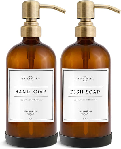 Amber Glass Soap Dispenser, 2 Pack Kitchen Soap Dispenser Set with Stainless Steel Pump, 16 oz Dish Soap and Hand