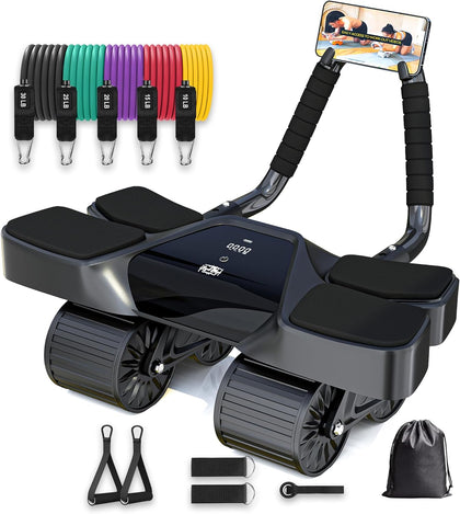 Ab Roller Home Gym Equipment – 4 Wheels Ab Wheel Muscle Roller with Built-in Tracker , 5Pcs Resistance Bands, Ankle