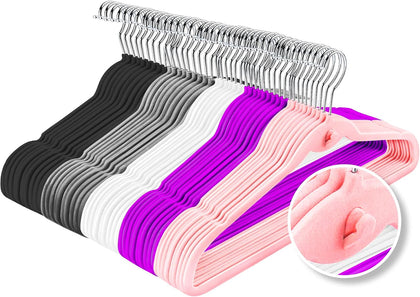 Multi-Color Velvet Hangers 50 Pack with Cascading Hooks, Non-Slip Black, Pink, White, Grey, and Purple Velvet Hangers