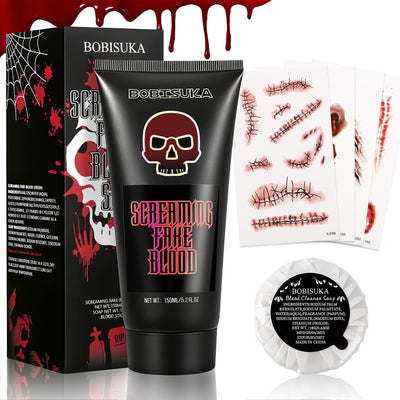 Fake Blood Kit, 5.2 Fl Oz Realistic Washable SFX Stage Blood for Zombie Vampire Clown Cosplay Halloween Makeup, with