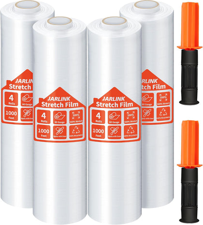 Stretch Film, 15" x 1000' Shrink Pallet Wrap W/Handles, 60 Gauge | 4 Pack Clear stretch wrap Rolls, Industrial