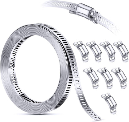 Stainless Steel Worm Gear Hose Clamp Assortment Kit, Cut-To-Fit | DIY 12FT Strap+8 Fasteners, Large Adjustable Band