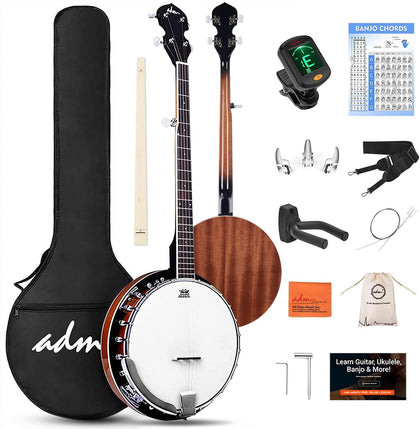 Banjo 5 String Full Size Banjoes Set, 38 Inch Beginner Banjo Kit with Resonator, Remo Drum Head, Open or Closed Back