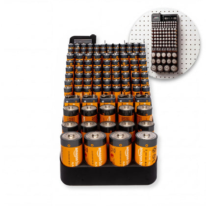 Battery Organizer w/Tester for AA, AAA, 9V, C, D, Button Batteries | Wall or Drawer Battery Storage Box with Tester