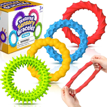 Sensory Toys Fidget Prizes for Kids Adults Autism 4 Pack Stretchy Bracelets | Textured Treasure Prizes Classroom