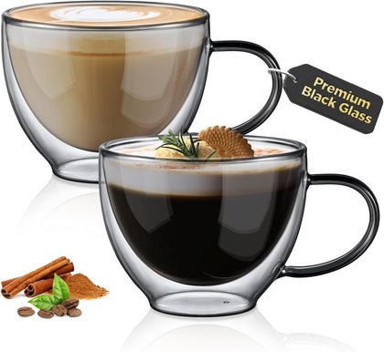 Black Double Walled Glass Coffee Mug 12 oz Cappuccino Cups Set of 2