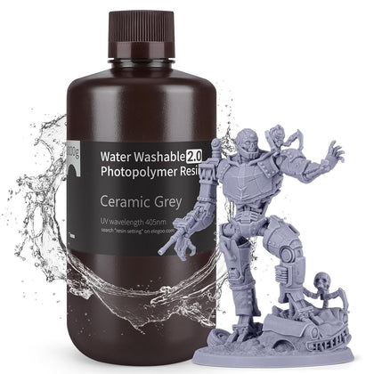 ELEGOO Upgraded Water Washable Resin 2.0, Grey 1000G | 3D Printer Resin Low Viscosity and High Precision, 405nm Rapid