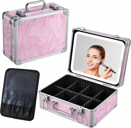 Makeup Case with LED Mirror - Pink Fluid-Color Makeup Box with Detachable Lighted Mirror, Travel Cosmetic Train Case