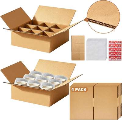 4 Sets Glassware Moving Boxes with Divider Kits, 12.5 x 12.5 x 4.5 Inches