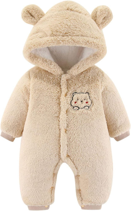 Newborn Baby Boy Girl Winter Snowsuit Cute Bear Ears Fluffy Fleece Jumpsuit Warm Hooded Romper One-Piece Outfit