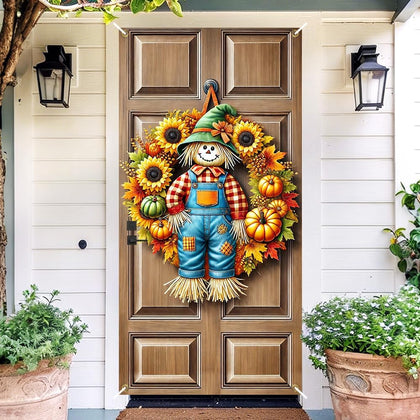 Fall Scarecrow Sunflower Pumpkin Door Cover 35x70in Thanksgiving | Weather-tough 150D polyester with 4 grommets and