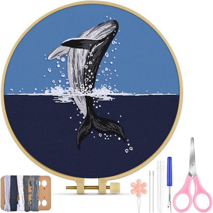 Embroidery Kit for Beginners Adult, Whale Embroidery Practice Kit | Include Embroidery Cloth Hoops Threads for Craft