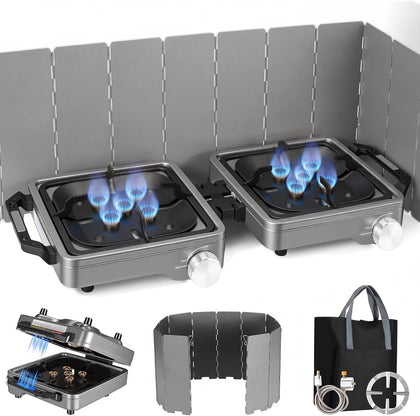 2-Burner Portable Propane Camping Stove,30000 BTU Foldable Gas Stove | Equipped with Windshield, Independently
