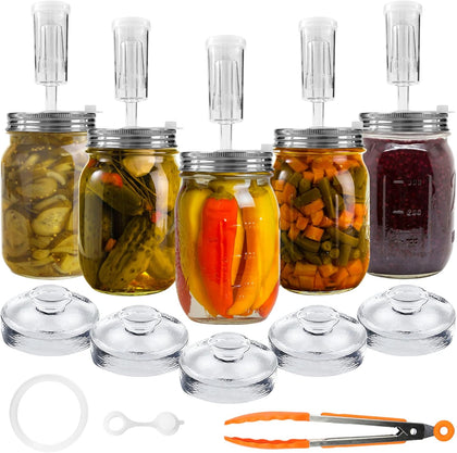 28 Pcs Fermentation Kit-5 Stainless Steel Fermentation Lids, 5 Glass Weights, 5 Airlocks, 6 Silicone Rings, 6