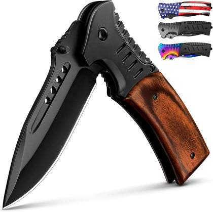 Spring Assisted Pocket Knife with Wood Handle & Glass Breaker & Pocket Clip - 3.66" Sharp Blade - Tactical Folding