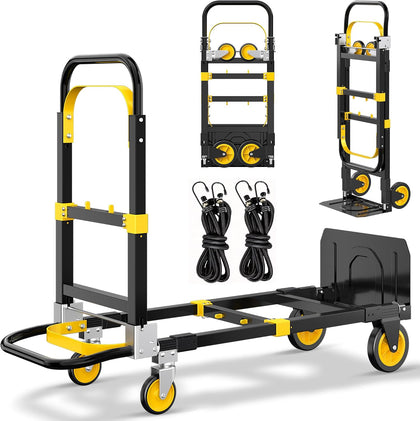 Upgraded 3 in 1 Folding Hand Truck, 600lbs Convertible Hand Truck Dolly with Solid Wheels and Straps Luggage