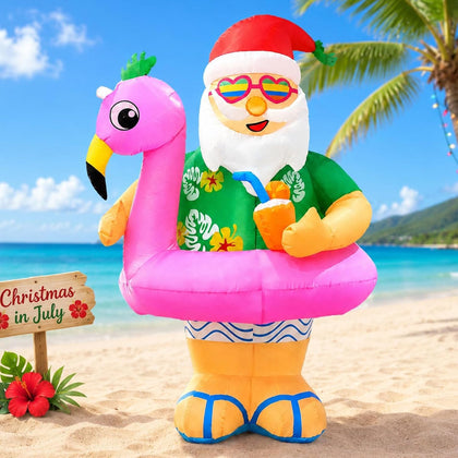 Christmas Inflatable Santa Claus Outdoor Decorations 6ft Giant Blow Up Hawaiian Santa Inflatables with Flamingo