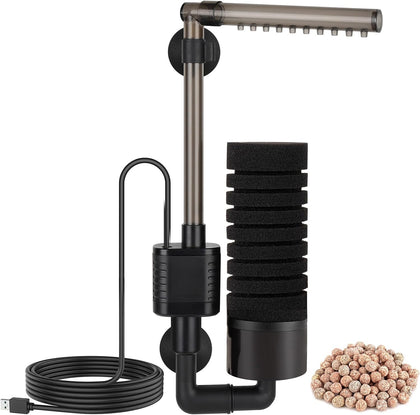 USB Single Sponge Filter, Small Aquarium Filter with Adjustable Hanging Clip and Suction Cup, Duckbill Outlet, Rain