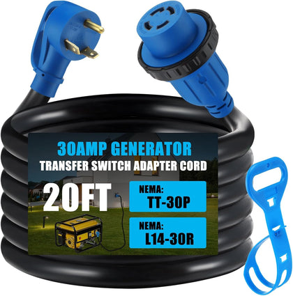 20 ft NEMA TT-30P to L14-30R Generator Transfer Switch Adapter Cord, 30 Amp TT-30P Male to L14-30R Female with