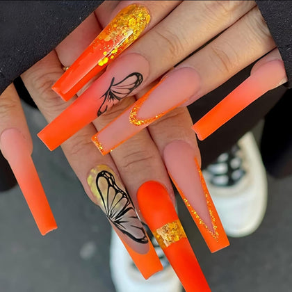 Long Coffin Press on Nails - Orange Fake Nails, Butterfly Summer Design Full Cover, Matte Acrylic Glue on Nails 24Pcs