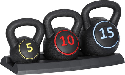 3-Piece Kettlebell Set, 5lb 10lb 15lb Cast Iron Kettlebells with Storage Rack, Anti-Slip Grip, Flat Bottom for Home