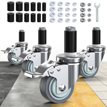 Caster Wheels Locking 3 Inch Expanding Stem Casters, Threaded Swivel Casters Set of 4 Heavy Duty Castors, Fit 1"