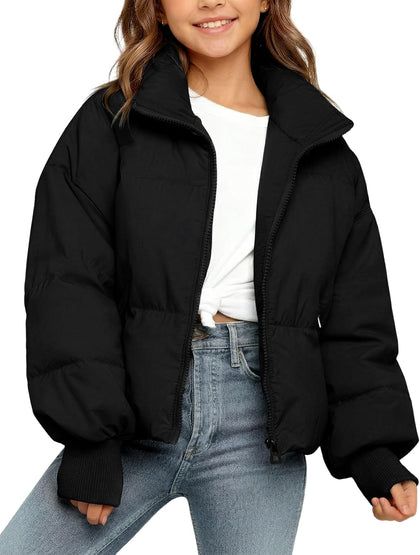 Girls Winter Puffer Jacket Kids Warm Quilted Puffer Coat | Zip Up, Stand Collar, Long Sleeve, Cropped Puffy Jacket