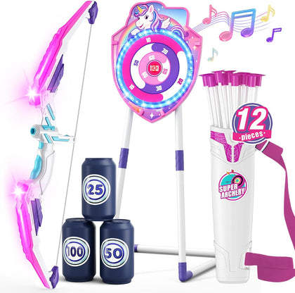 Bow and Arrow for Kids, LED Light Up Archery Set with Unicorn Target | with 12 Suction Cup Arrows, 1 Standing Glow