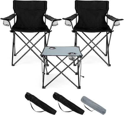 Folding Camping Chair Set of 3, Foldable Black Camp Chairs & Grey Table, Large Lawn Chair Portable for Adults Hiking
