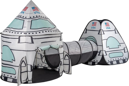 USA White Rocket Ship Play Tent with Tunnel, Pop Up Kids Playhouse Set, Indoor Outdoor Spaceship Tent for Boys Girls