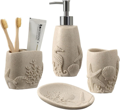 Bathroom Accessories Set, 4 PCS, Sea Bathroom Decor, Sandstone Look Beige | Ocean Theme,With 10OZ Soap Dispenser