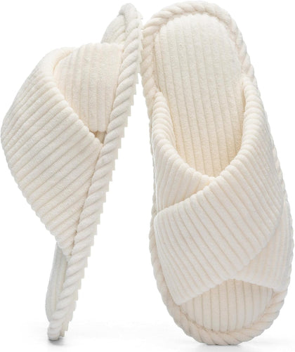 Slippers for Women with Memory Foam Open toe House Bedroom Shoes | Crossbands Cozy Corduroy Slides,Non Slip
